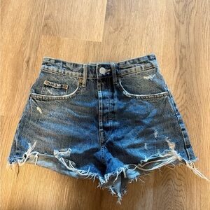 High-Waist Distressed Denim Shorts - Blue